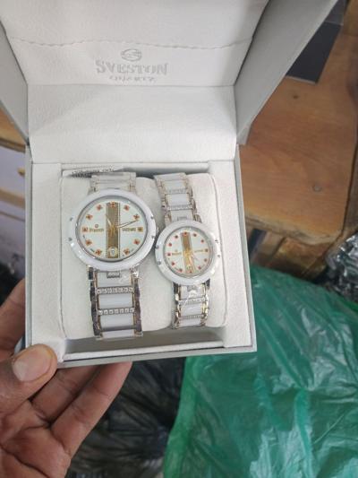 Sveston or Fitron luxury couple watch set with white ceramic straps